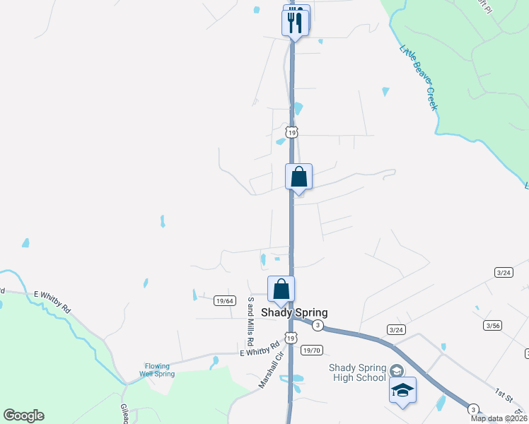 map of restaurants, bars, coffee shops, grocery stores, and more near 155 Trail Street in Shady Spring