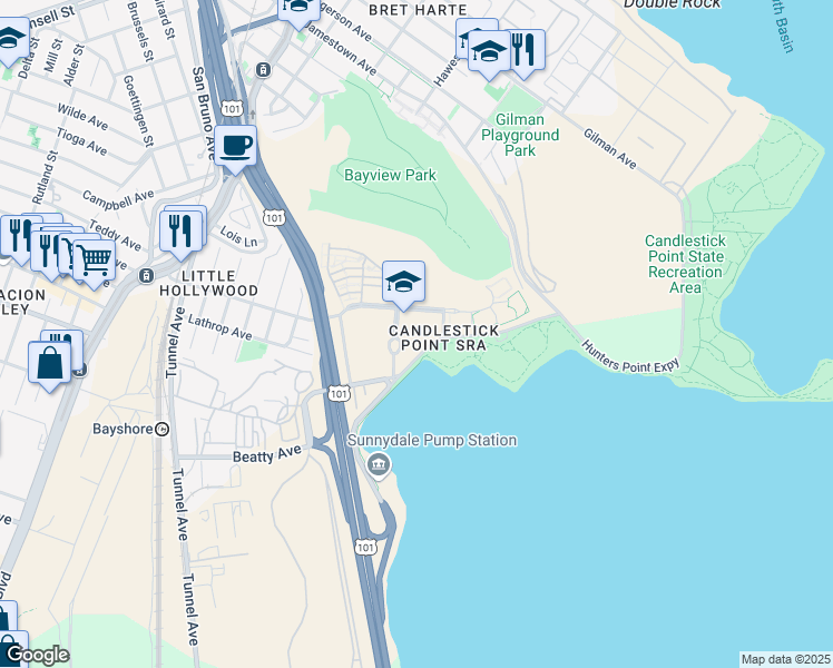 map of restaurants, bars, coffee shops, grocery stores, and more near 250 Executive Park Boulevard in San Francisco