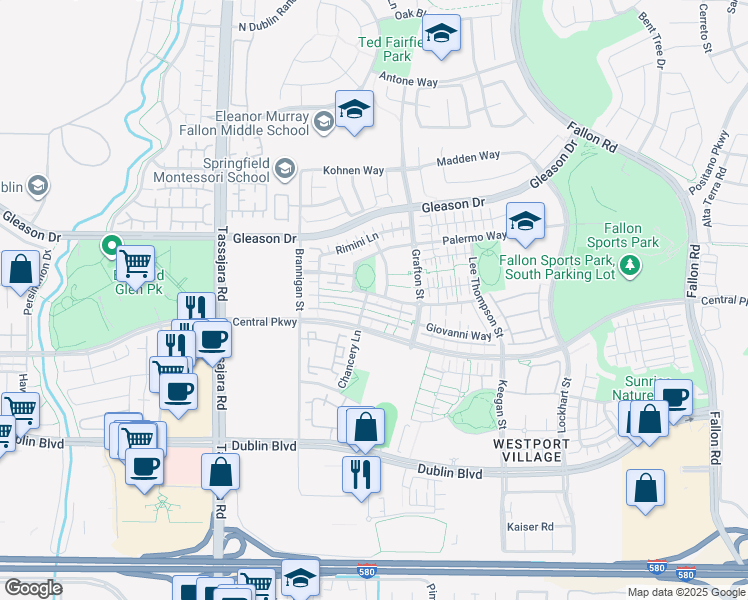 map of restaurants, bars, coffee shops, grocery stores, and more near 3534 Capoterra Way in Dublin