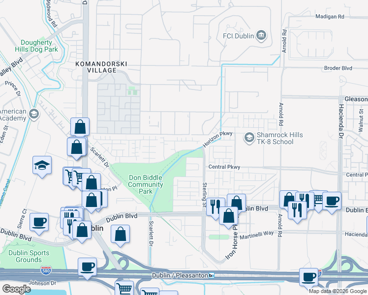 map of restaurants, bars, coffee shops, grocery stores, and more near 5860 Silhouette Court in Dublin