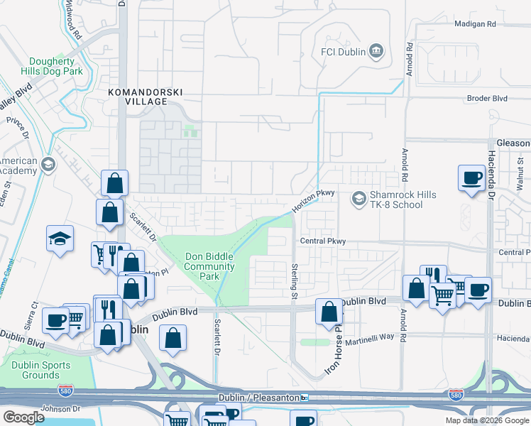 map of restaurants, bars, coffee shops, grocery stores, and more near 5860 Silhouette Court in Dublin