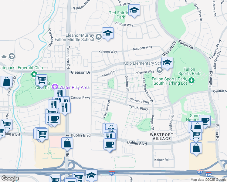 map of restaurants, bars, coffee shops, grocery stores, and more near 3534 Capoterra Way in Dublin
