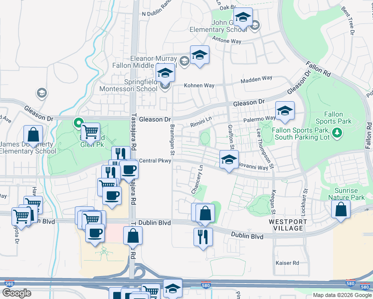 map of restaurants, bars, coffee shops, grocery stores, and more near 3735 Central Parkway in Dublin