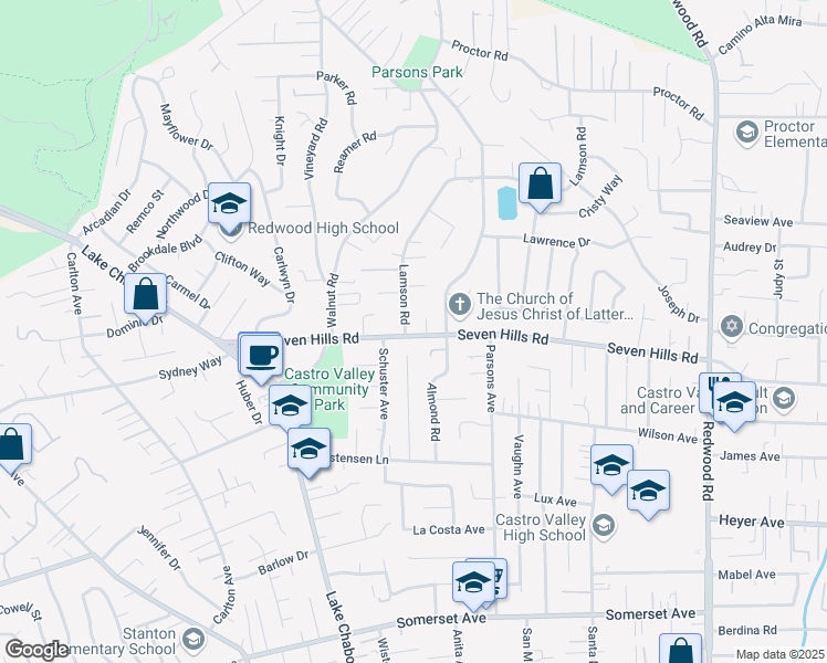 map of restaurants, bars, coffee shops, grocery stores, and more near 3832 Almond Hill Place in Castro Valley