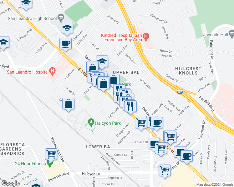 map of restaurants, bars, coffee shops, grocery stores, and more near 1433 146th Avenue in San Leandro