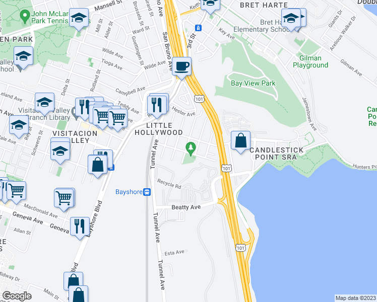 map of restaurants, bars, coffee shops, grocery stores, and more near 435 Tocoloma Avenue in San Francisco