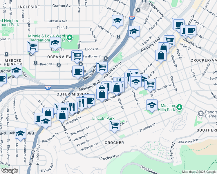 map of restaurants, bars, coffee shops, grocery stores, and more near 930 Huron Avenue in San Francisco