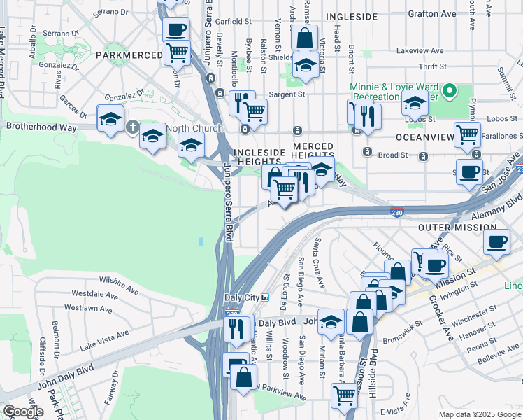 map of restaurants, bars, coffee shops, grocery stores, and more near 223 Saint Charles Avenue in San Francisco