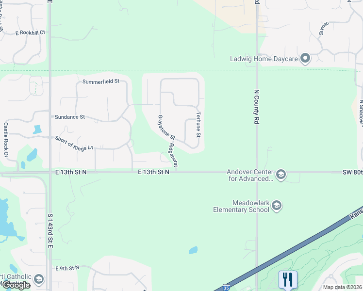 map of restaurants, bars, coffee shops, grocery stores, and more near 1502 Terhune Street in Wichita