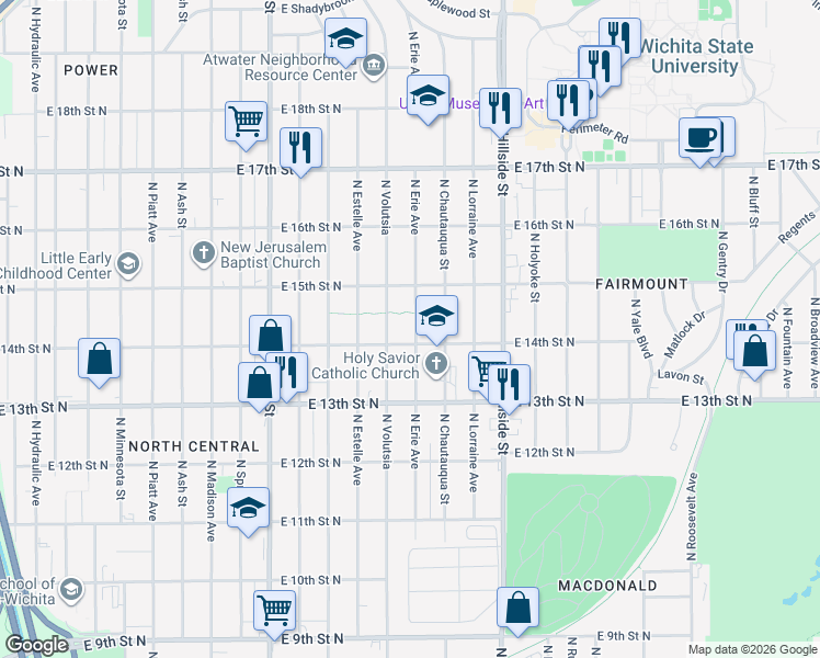 map of restaurants, bars, coffee shops, grocery stores, and more near 2901 East 14th Street North in Wichita
