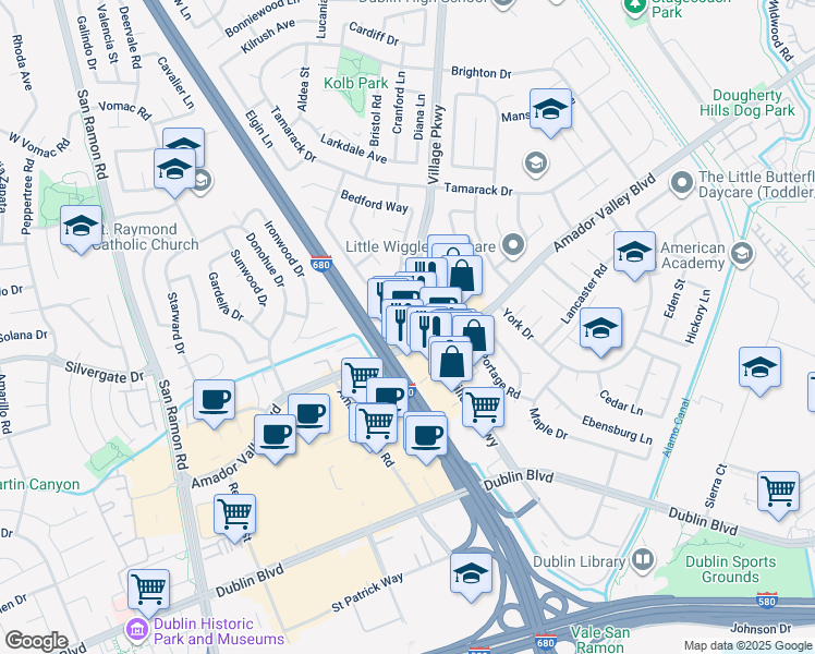 map of restaurants, bars, coffee shops, grocery stores, and more near 7194 Village Parkway in Dublin