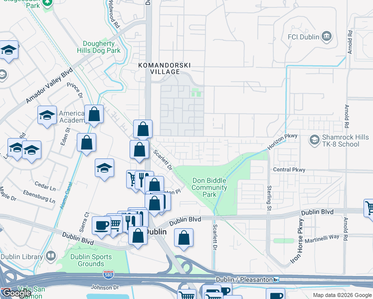 map of restaurants, bars, coffee shops, grocery stores, and more near 6328 Dandelion Street in Dublin
