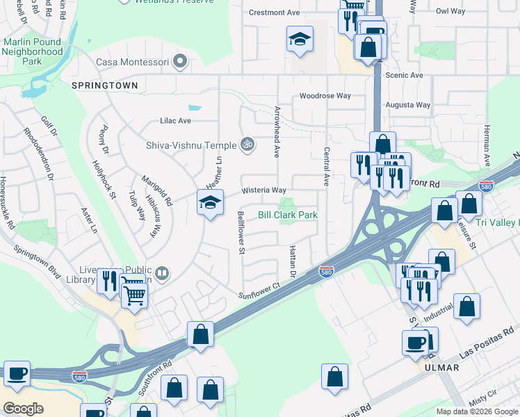 map of restaurants, bars, coffee shops, grocery stores, and more near 5375 Hillflower Drive in Livermore