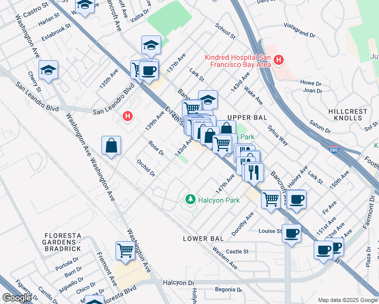 map of restaurants, bars, coffee shops, grocery stores, and more near 1268 143rd Avenue in San Leandro