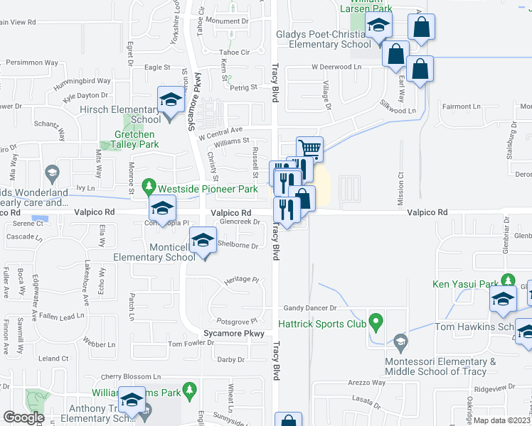 map of restaurants, bars, coffee shops, grocery stores, and more near Valpico Road in Tracy