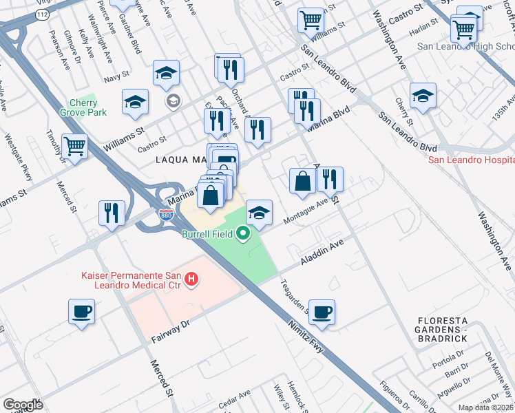 map of restaurants, bars, coffee shops, grocery stores, and more near 2482 Teagarden Street in San Leandro