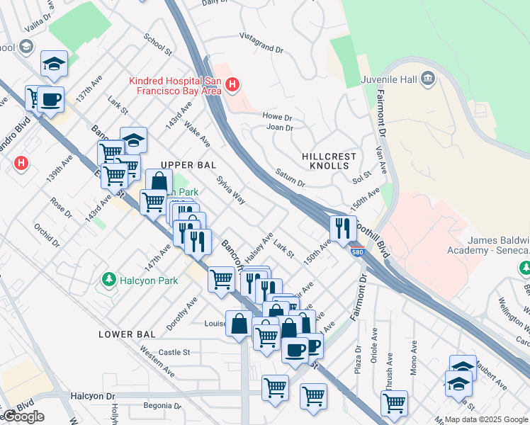 map of restaurants, bars, coffee shops, grocery stores, and more near 14890 Sylvia Way in San Leandro