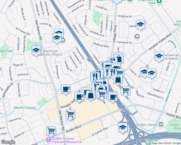 map of restaurants, bars, coffee shops, grocery stores, and more near 7533 Honey Court in Dublin