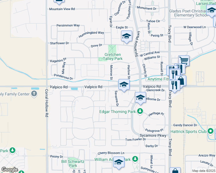 map of restaurants, bars, coffee shops, grocery stores, and more near 11150 Valpico Road in Tracy