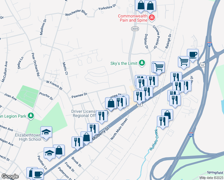 map of restaurants, bars, coffee shops, grocery stores, and more near 1016 Shawnee Drive in Elizabethtown