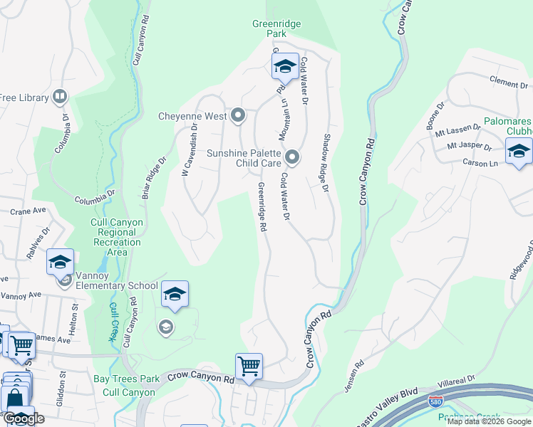 map of restaurants, bars, coffee shops, grocery stores, and more near 5667 Greenridge Road in Castro Valley