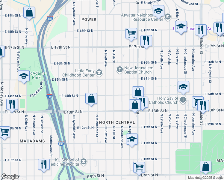 map of restaurants, bars, coffee shops, grocery stores, and more near 1521 North Ash Street in Wichita