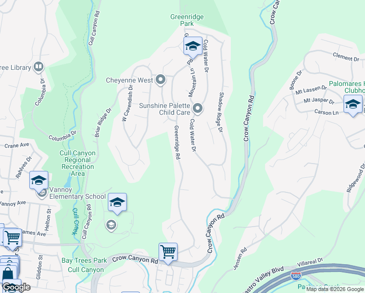 map of restaurants, bars, coffee shops, grocery stores, and more near 5667 Greenridge Road in Castro Valley