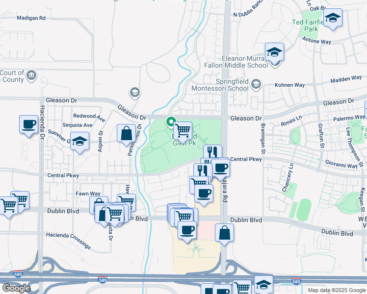 map of restaurants, bars, coffee shops, grocery stores, and more near 4201 Central Parkway in Dublin