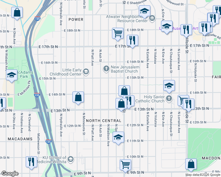map of restaurants, bars, coffee shops, grocery stores, and more near 2200-2298 East 14th Street North in Wichita