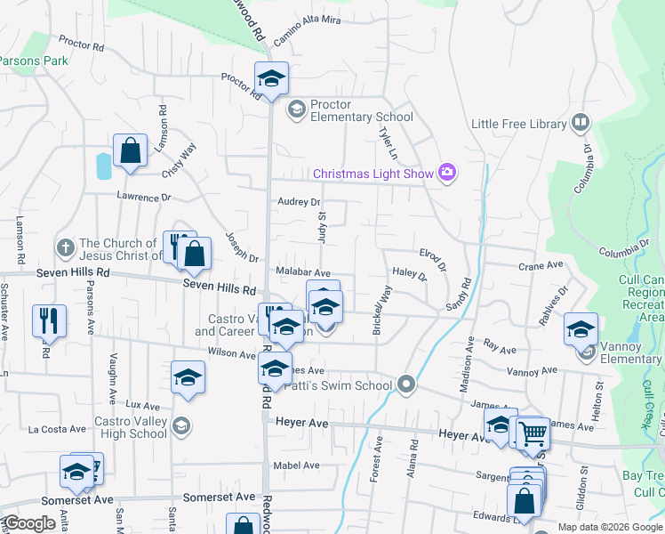 map of restaurants, bars, coffee shops, grocery stores, and more near 18625 Alcorn Place in Castro Valley