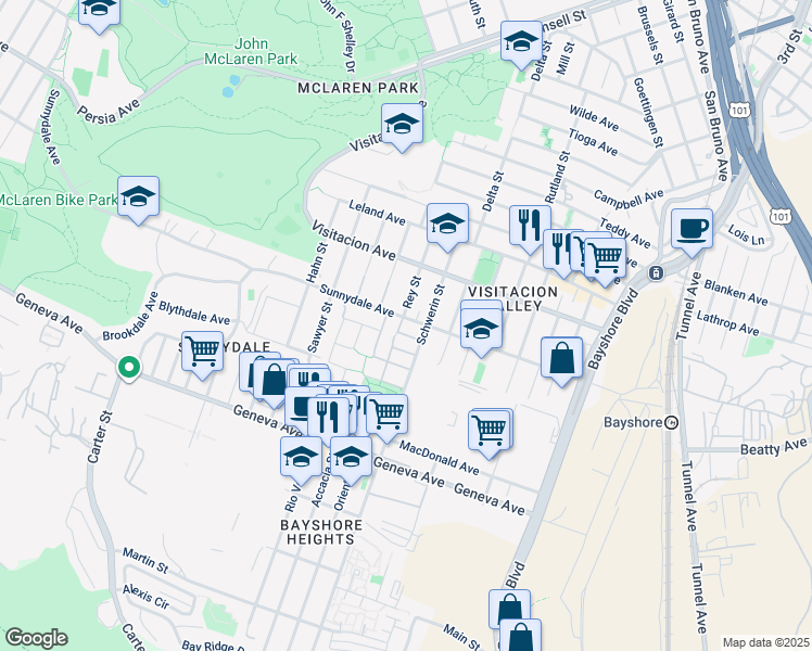 map of restaurants, bars, coffee shops, grocery stores, and more near 19 Towerside in San Francisco