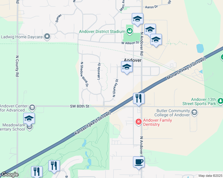 map of restaurants, bars, coffee shops, grocery stores, and more near 1331 North Glancey Street in Andover