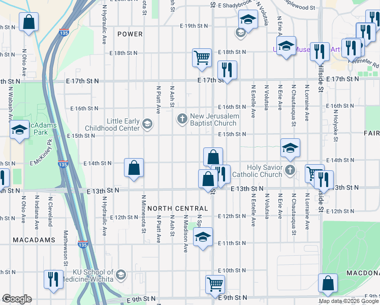 map of restaurants, bars, coffee shops, grocery stores, and more near 2200-2298 East 14th Street North in Wichita