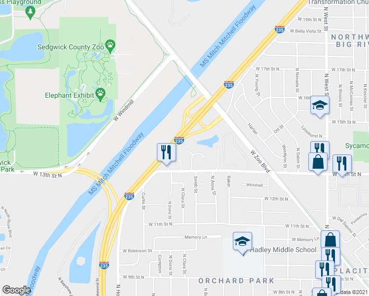 map of restaurants, bars, coffee shops, grocery stores, and more near 1422 North Doris Circle in Wichita