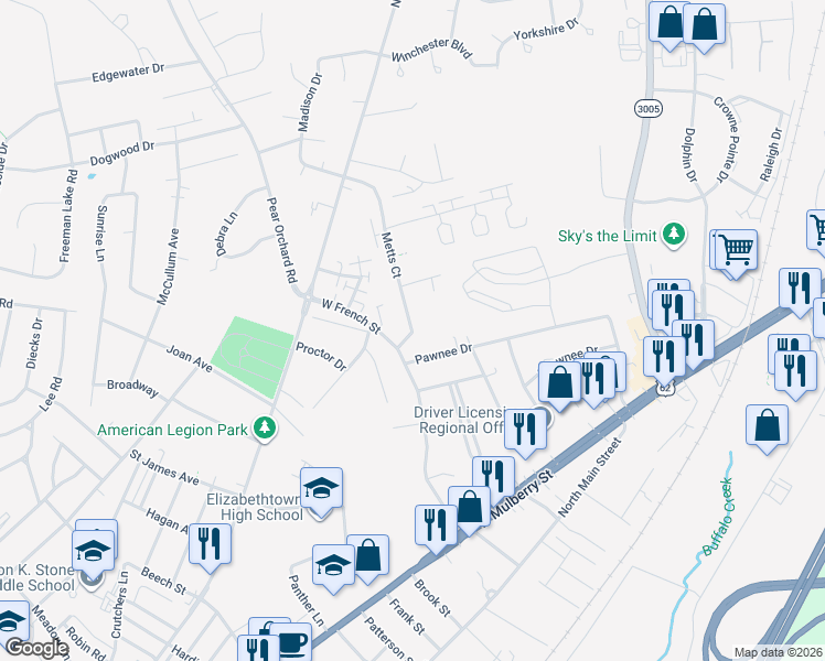 map of restaurants, bars, coffee shops, grocery stores, and more near 247 Metts Court in Elizabethtown
