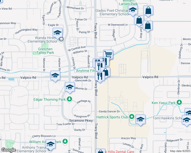 map of restaurants, bars, coffee shops, grocery stores, and more near Valpico Road in Tracy