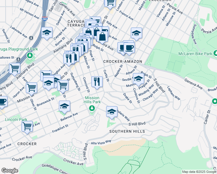 map of restaurants, bars, coffee shops, grocery stores, and more near 260 Curtis Street in San Francisco