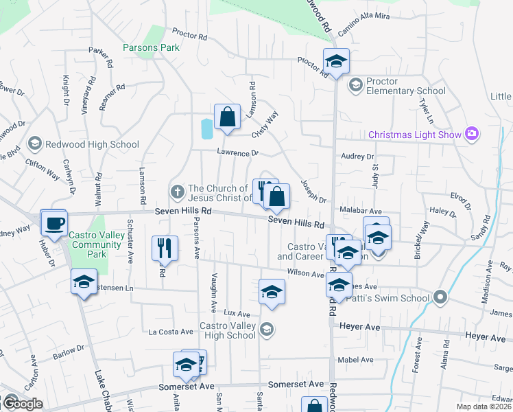 map of restaurants, bars, coffee shops, grocery stores, and more near 4347 Moreland Drive in Castro Valley