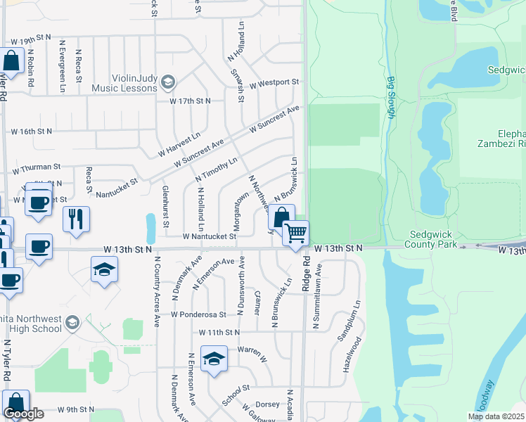map of restaurants, bars, coffee shops, grocery stores, and more near 1459 North Northwest Parkway in Wichita