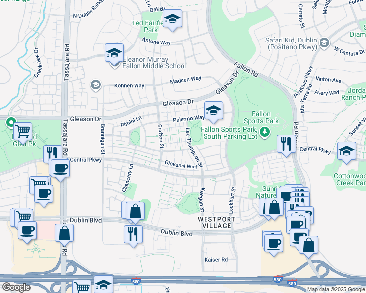 map of restaurants, bars, coffee shops, grocery stores, and more near 3312 Araldi Lane in Dublin