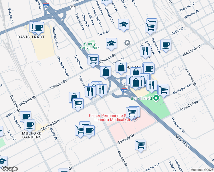 map of restaurants, bars, coffee shops, grocery stores, and more near Marina Blvd in San Leandro