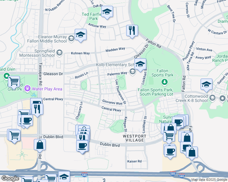 map of restaurants, bars, coffee shops, grocery stores, and more near 3312 Araldi Lane in Dublin