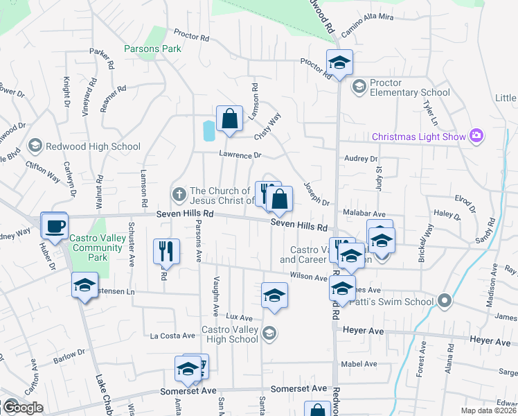 map of restaurants, bars, coffee shops, grocery stores, and more near 4347 Moreland Drive in Castro Valley