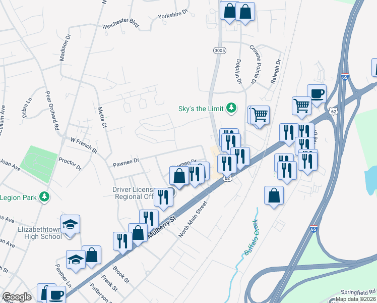 map of restaurants, bars, coffee shops, grocery stores, and more near 1023-1099 Shawnee Drive in Elizabethtown