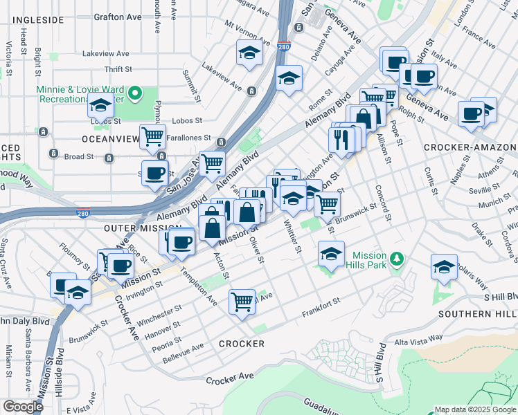 map of restaurants, bars, coffee shops, grocery stores, and more near 2 Farragut Avenue in San Francisco