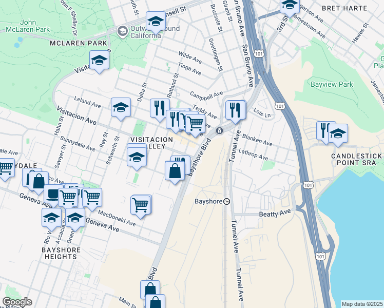 map of restaurants, bars, coffee shops, grocery stores, and more near in San Francisco