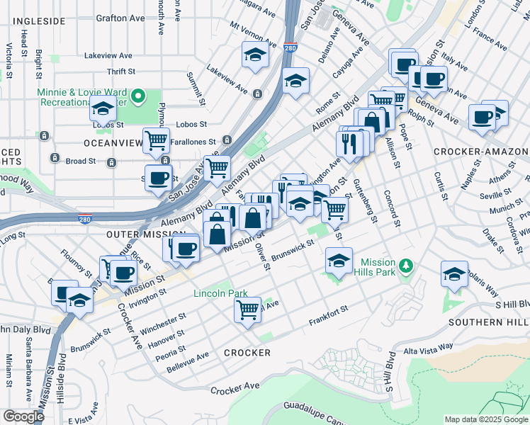 map of restaurants, bars, coffee shops, grocery stores, and more near 59 Oliver Street in San Francisco