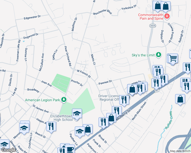 map of restaurants, bars, coffee shops, grocery stores, and more near 240 West French Street in Elizabethtown