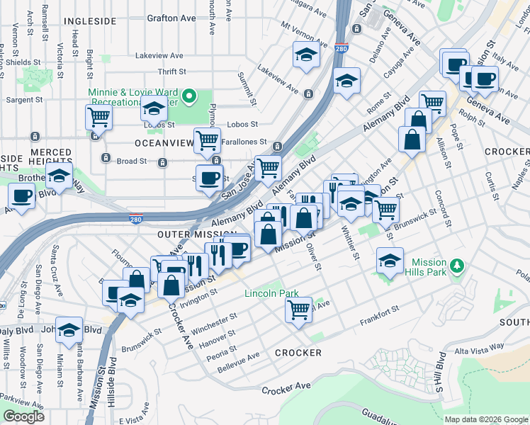 map of restaurants, bars, coffee shops, grocery stores, and more near 930 Huron Avenue in San Francisco