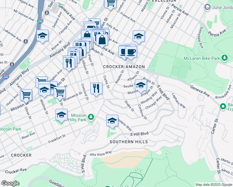 map of restaurants, bars, coffee shops, grocery stores, and more near 1045 Prague Street in San Francisco